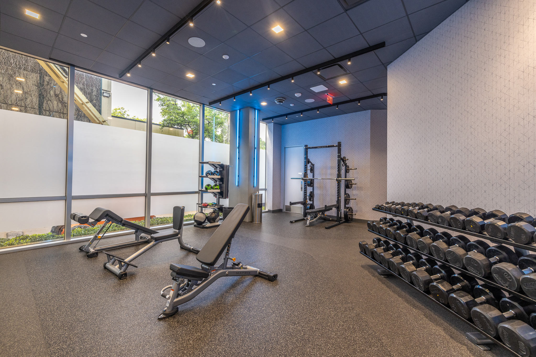 Fitness room at 800 Gessner Road with weight machines, dumbbell racks and a glass wall