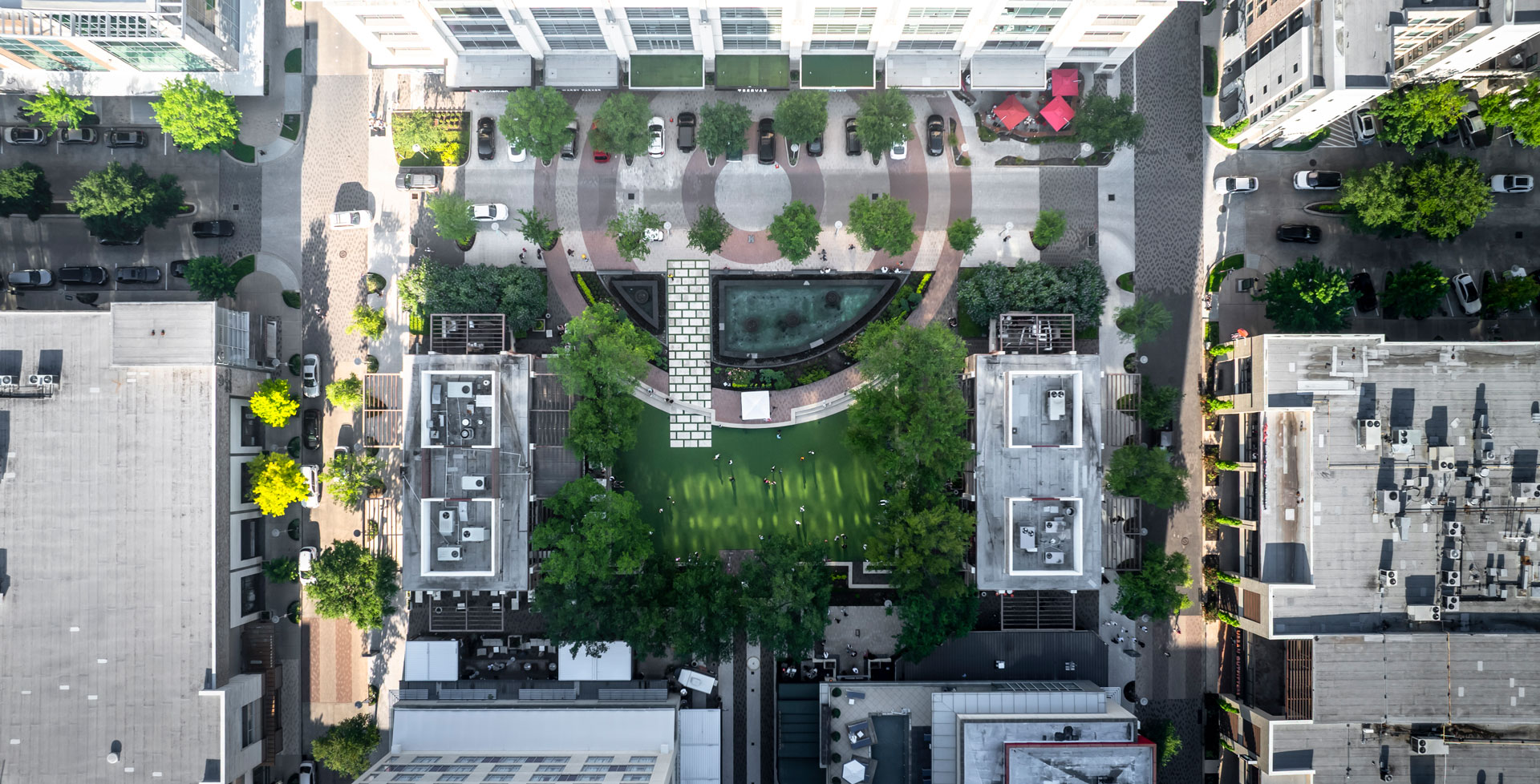 Aerial view looking down on the CityCentre plaza, its landscaping and rooftops