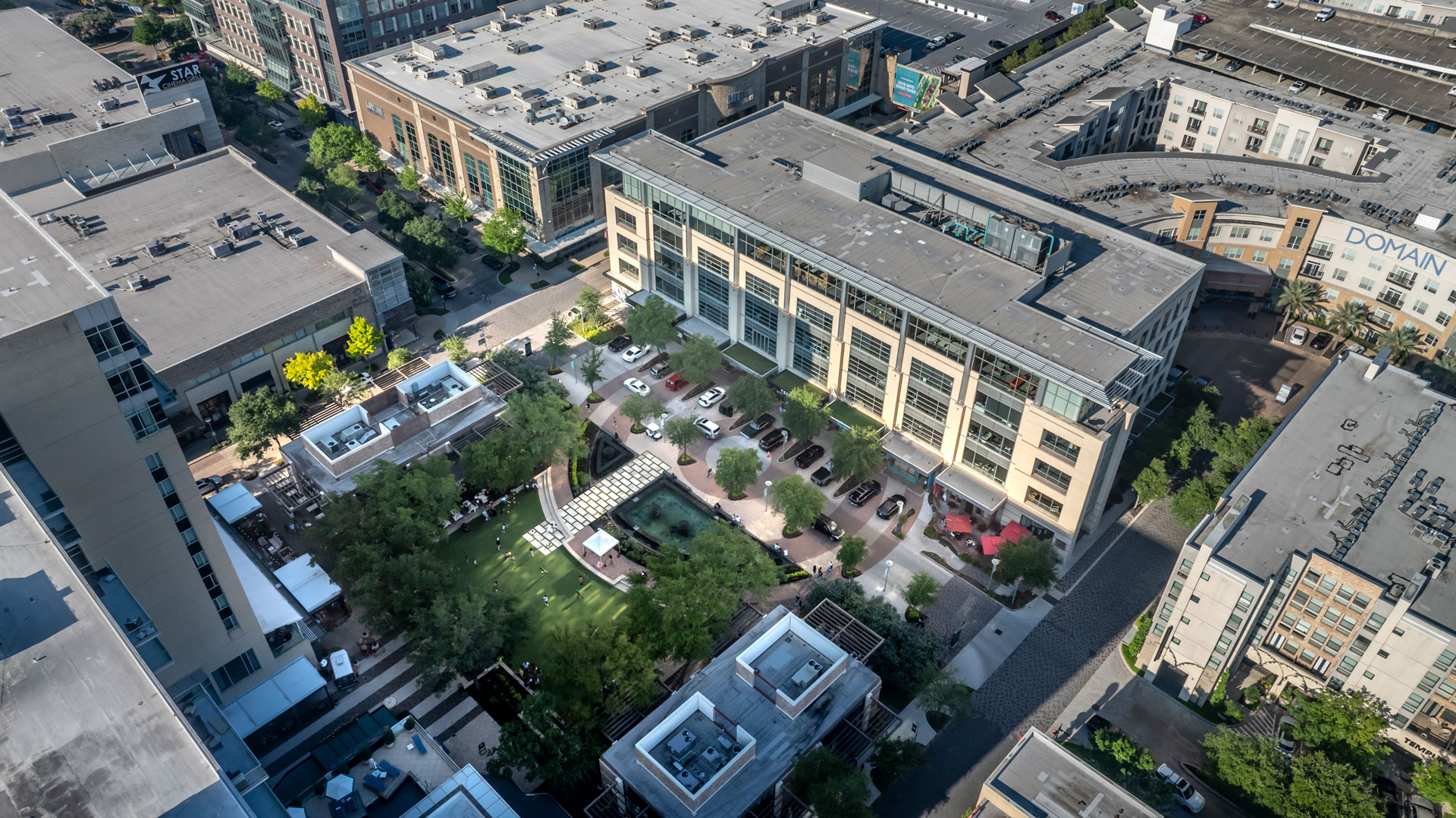 Aerial view over the rooftops and courtyards of CityCentre