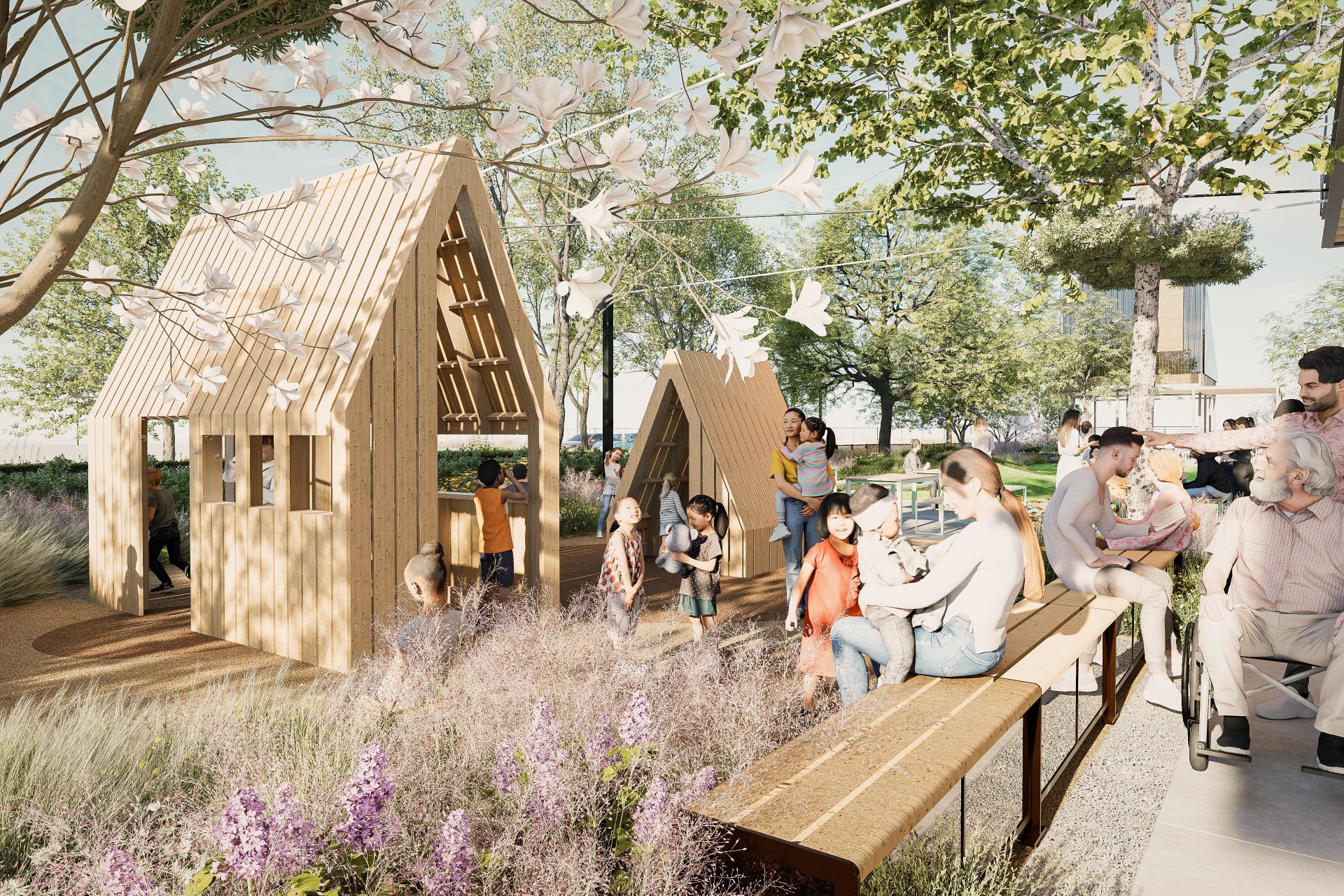 Rendering of a timber pavilion in a landscaped park at Greenside, with people walking and sitting nearby