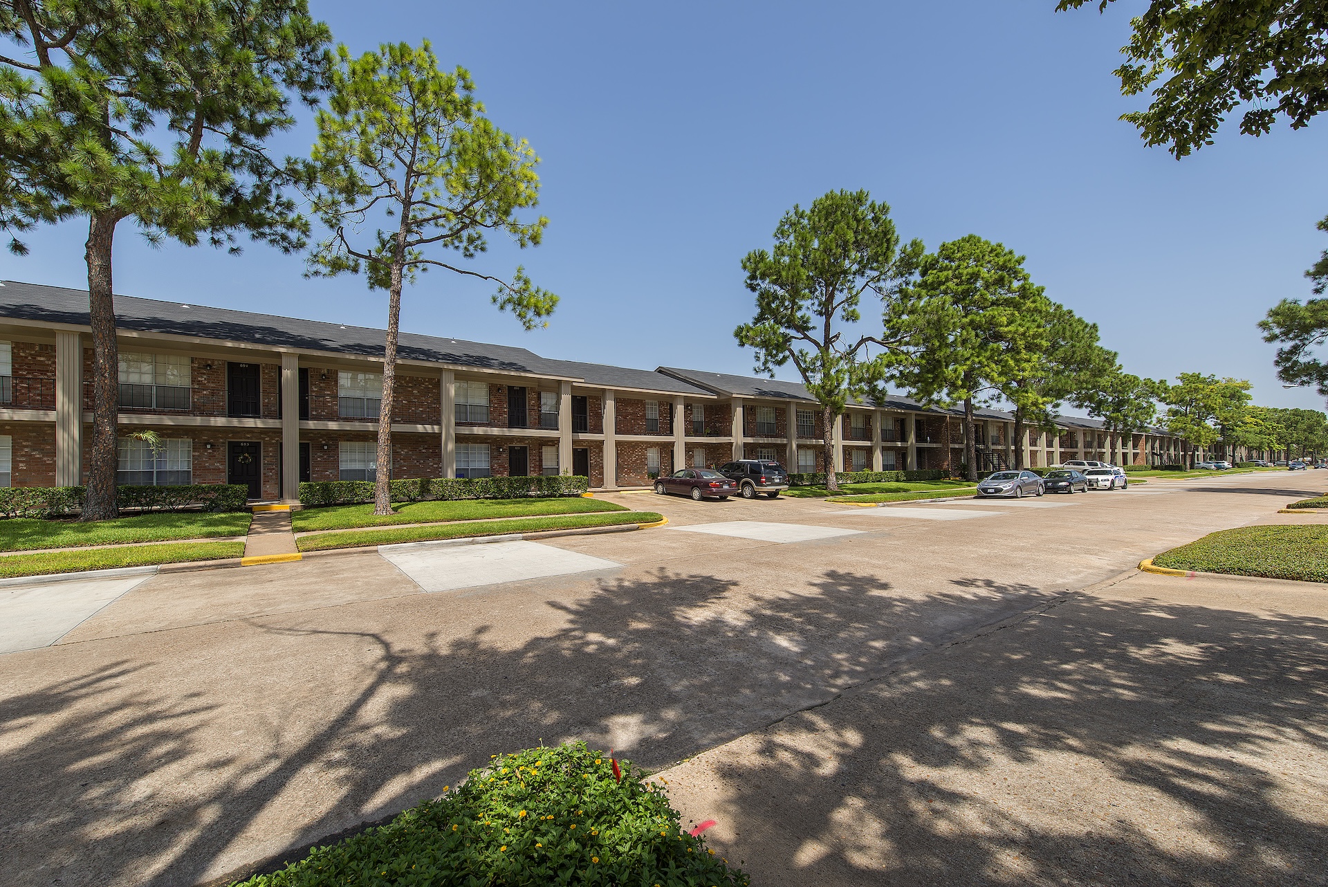 Two-story buildings at Memorial City Apartments lining a wide walkway shaded by mature trees