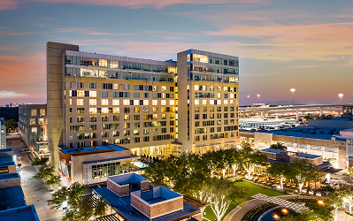 Moran Dusk aerial view of The Moran Hotel and the surrounding CityCentre development