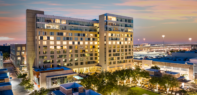 Dusk aerial view of The Moran Hotel and CityCentre